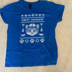Happy HanukCAT blue holiday shirt, medium